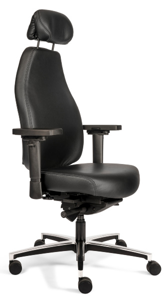 bureaustoel met traagschuim in de zitting en bekleed in leder zwart met een instelbare hoofdsteun